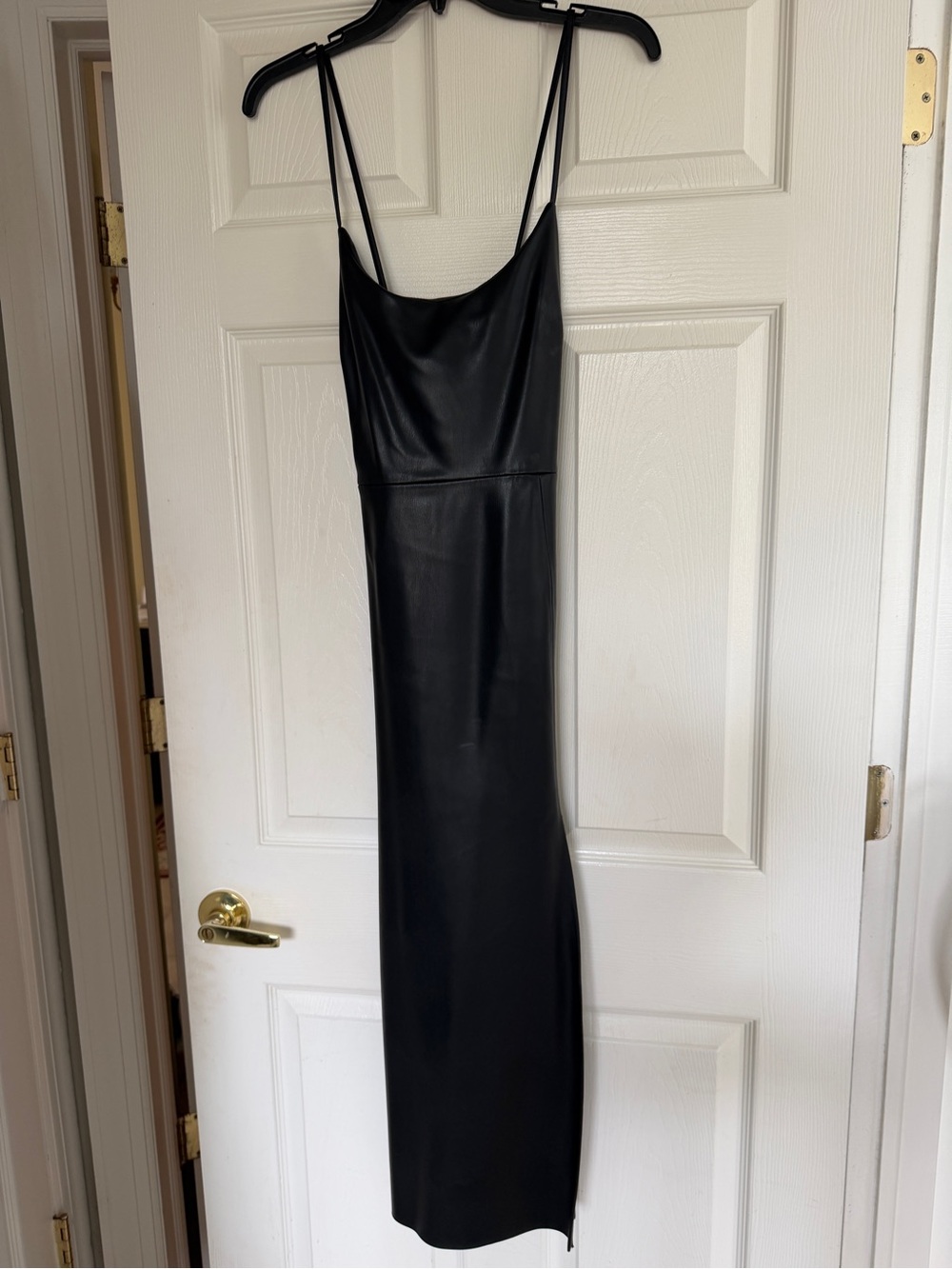 Zara Black Faux Leather Midi Slip Dress with Spaghetti Straps